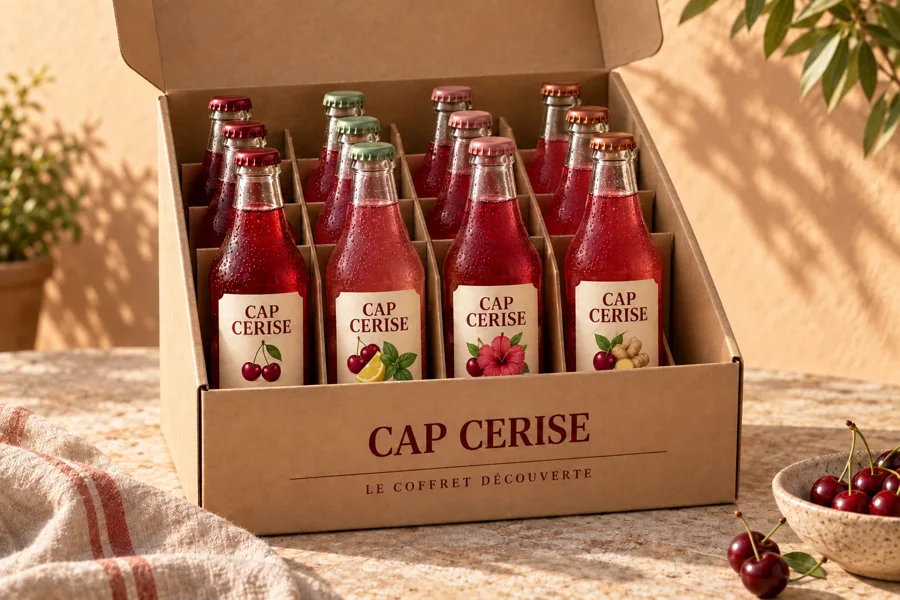 Coffret kraft avec les douze bouteilles de la collection CAP CERISE